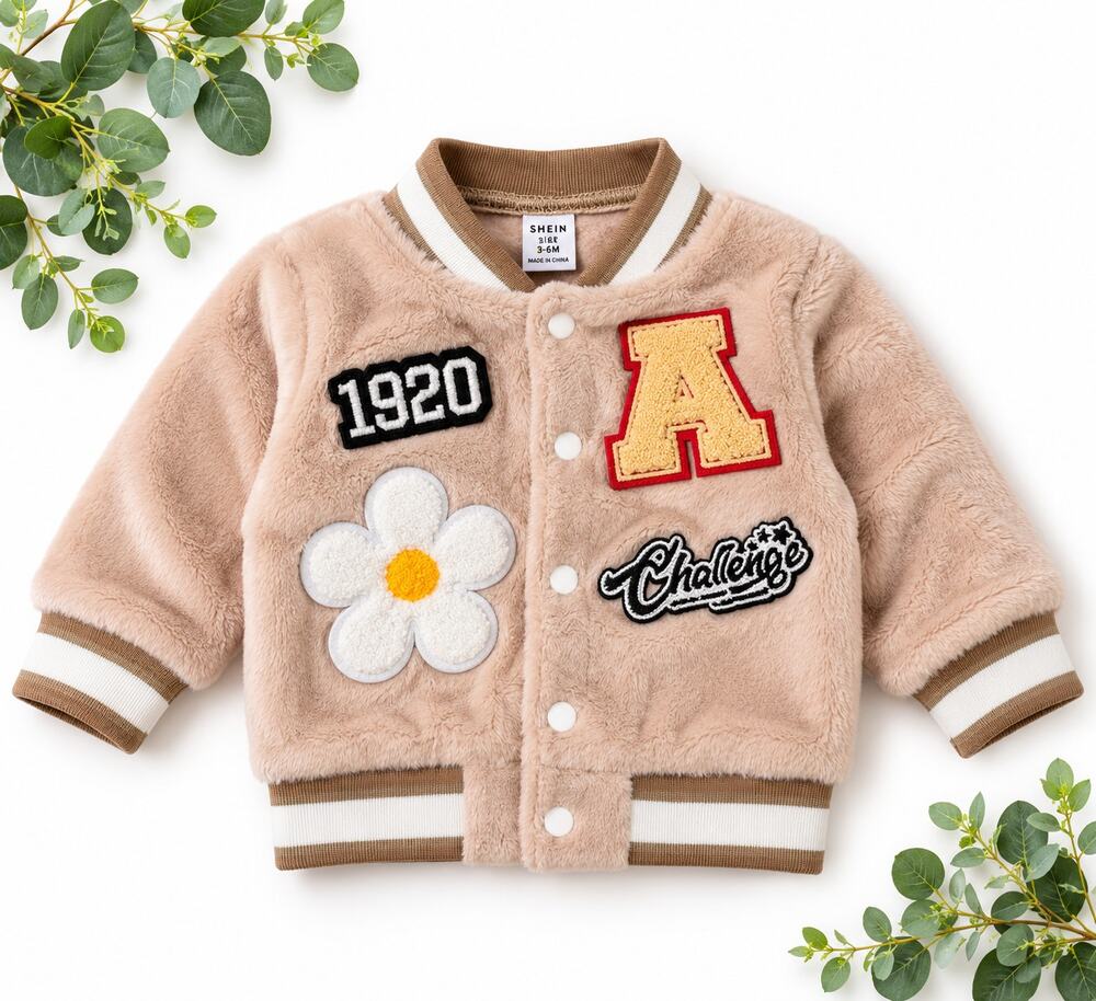 SHEIN Baby Girls 3M Fuzzy Varsity Jacket Floral Patch Preppy NWT